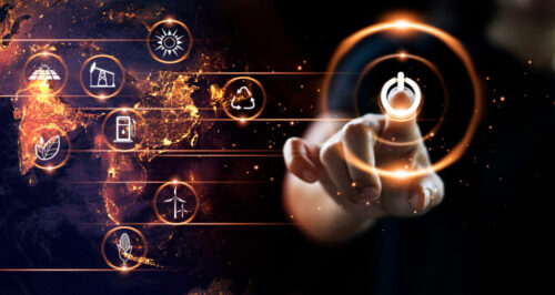 Finger,Pressing,Power,Button,With,Energy,Resources,Icon,On,Earth